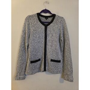 Talbots Women's Size Large‎ Sweater Faux Leather Trim Gray Black Button up pkts